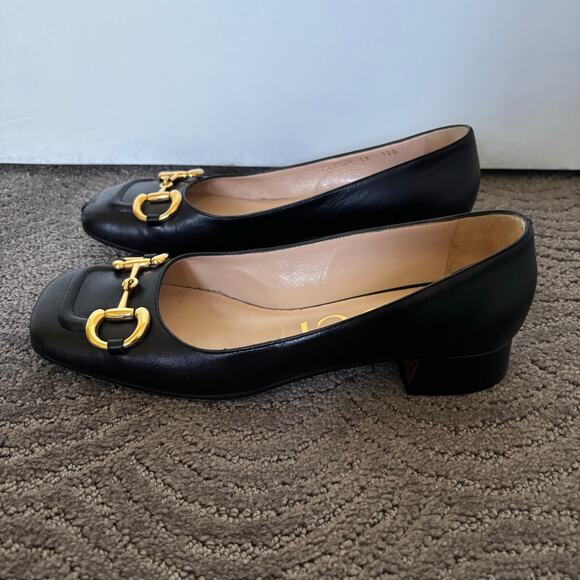 Gucci Baby Horsebit Square Toe Black Leather Block Heel Loafer Flat Pump Size 39 - Picture 4 of 12